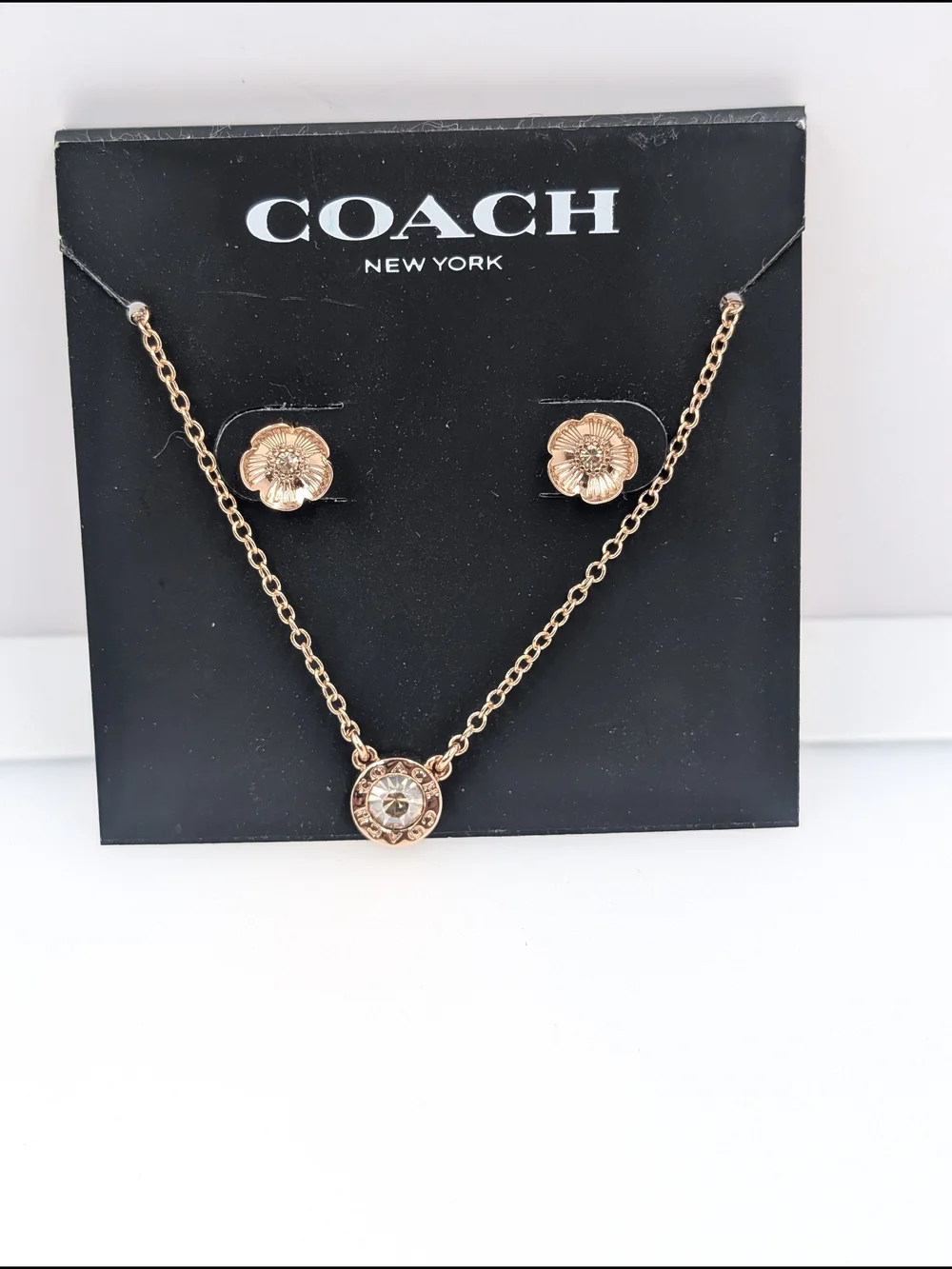 Coach Rose Gold Floral Crystal Necklace and Studs Set